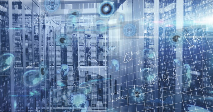 Image of mathematical equations and multiple round scanners against computer server room