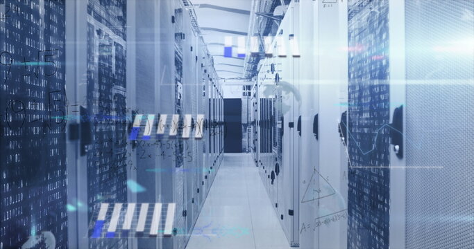 Image of mathematical equations and data processing against computer server room