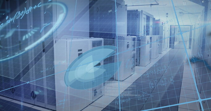 Image of interface with data processing and mathematical equations against computer server room