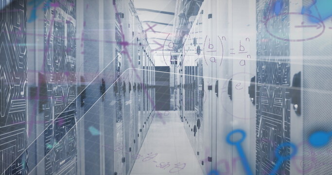 Image of mathematical equations and data processing against computer server room