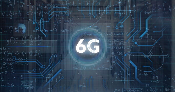 Image of 6g text and microprocessor connections over mathematical equations against server room - Powered by Adobe