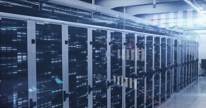 Image of mathematical equations and data processing against empty computer server room - Powered by Adobe