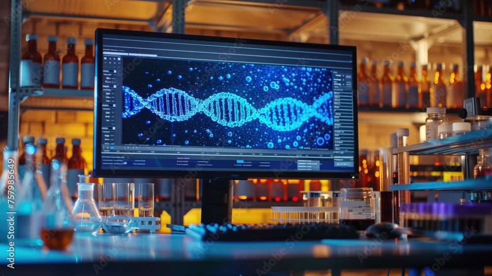 Poster scientist reviews advanced dna sequencing data on computer screen in modern laboratory.