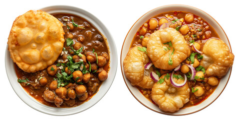 Set of Chole bhature is a North Indian food dish. A combination of chana masala and bhatura or pani puri. Isolated top view on transparent background, cutout png - obrazy, fototapety, plakaty