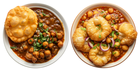 Set of Chole bhature is a North Indian food dish. A combination of chana masala and bhatura or pani puri. Isolated top view on transparent background, cutout png