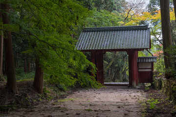 日本　滋賀県東近江市にある湖東三山の一つ、百済寺の総門と表参道沿いの紅葉
