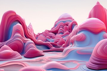 Abstract mountain landscape with soft and rounded forms, cyan and magenta fantasy
