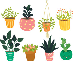 Vector illustration of cute home plants in pots. Houseplants isolated on white	