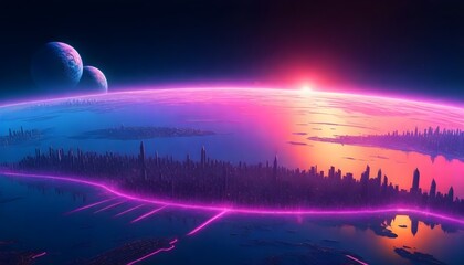 Futuristic city skyline with neon lights at twilight, large body of water in the foreground, and a planet rising on the horizon against a starry sky - Powered by Adobe