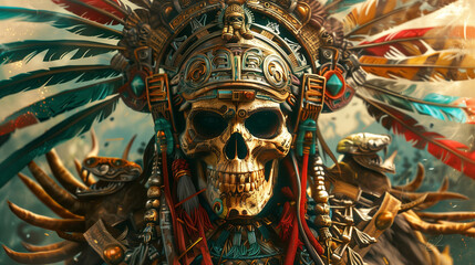 colorful aztec skull , ancient mexico outfit