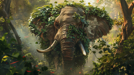 elephant  that covered with foliage and vine running to the camera view