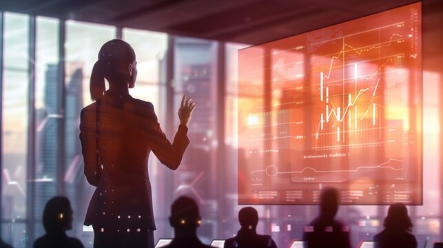 Back view of a businesswoman analyzing dynamic financial data displayed on a large screen in a futuristic office.