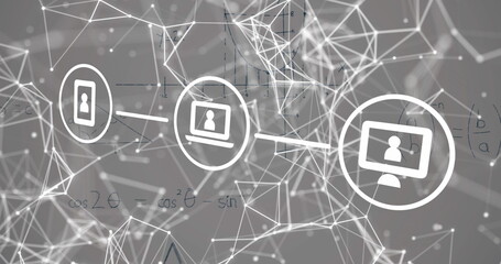 Image of connections with icons and math formulas on beige background