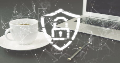Image of padlock icon and network of connections over laptop and coffee
