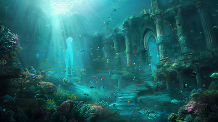 ruined great underwater kingdom , lost atlantis kingdom - obrazy, fototapety, plakaty