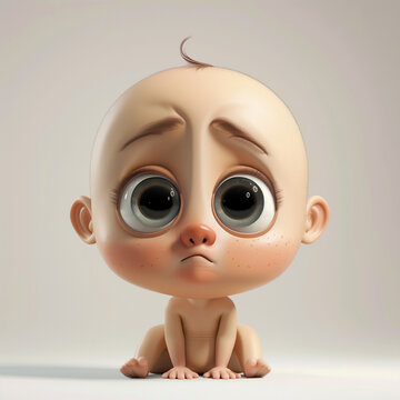 3d character of sad crying baby , big cute eye sd cartoon