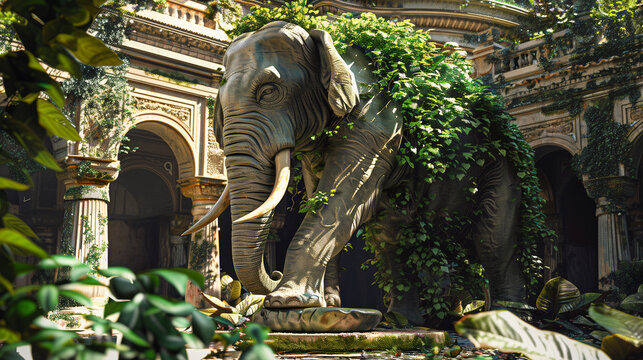 elephant statue that covered with foliage and vine in the great ancient garden