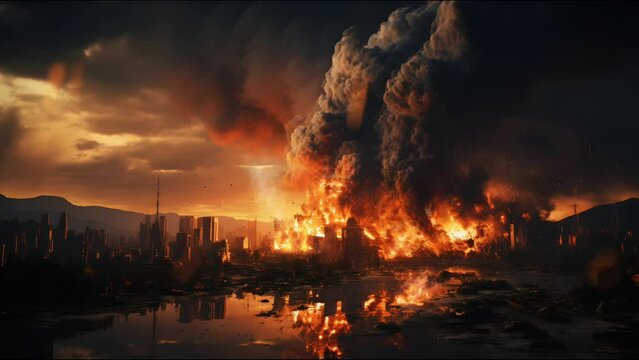 City Burns After Missile Explodes During War. Doomsday Disaster. Seamless Looping 4k Video Animation Background