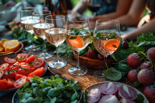 Close-up of chilled summer beverages surrounded by fresh fruits and greens, depicting a cozy outdoor gathering