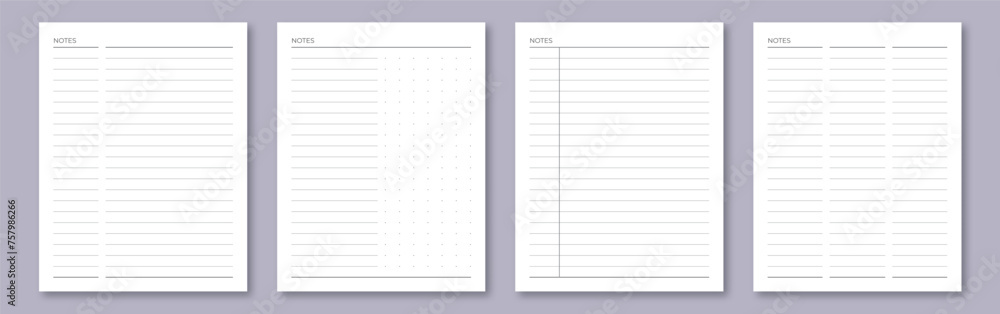 Poster notebook paper collection. letter format sheets with lines and dots. notes template
