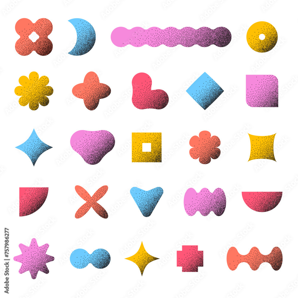 Aufkleber trendy abstract geometric shapes set. textured brutalist forms with halftone dots. colorful vector g