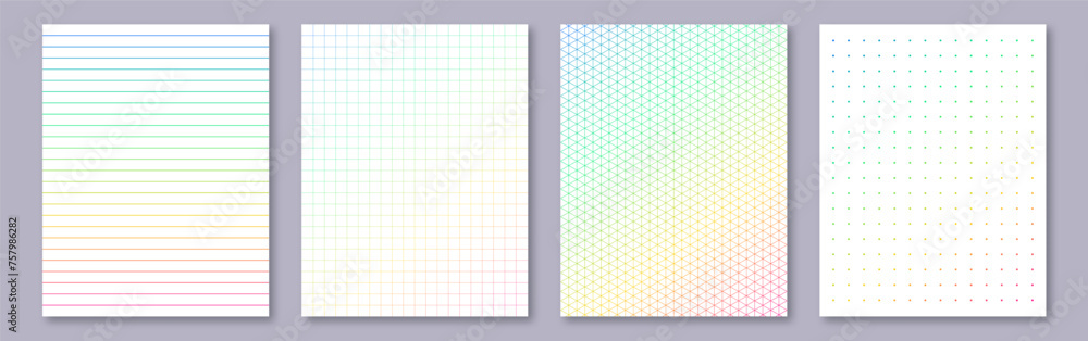 Poster notebook paper collection. letter format sheets of rainbow square, lined and dotted paper