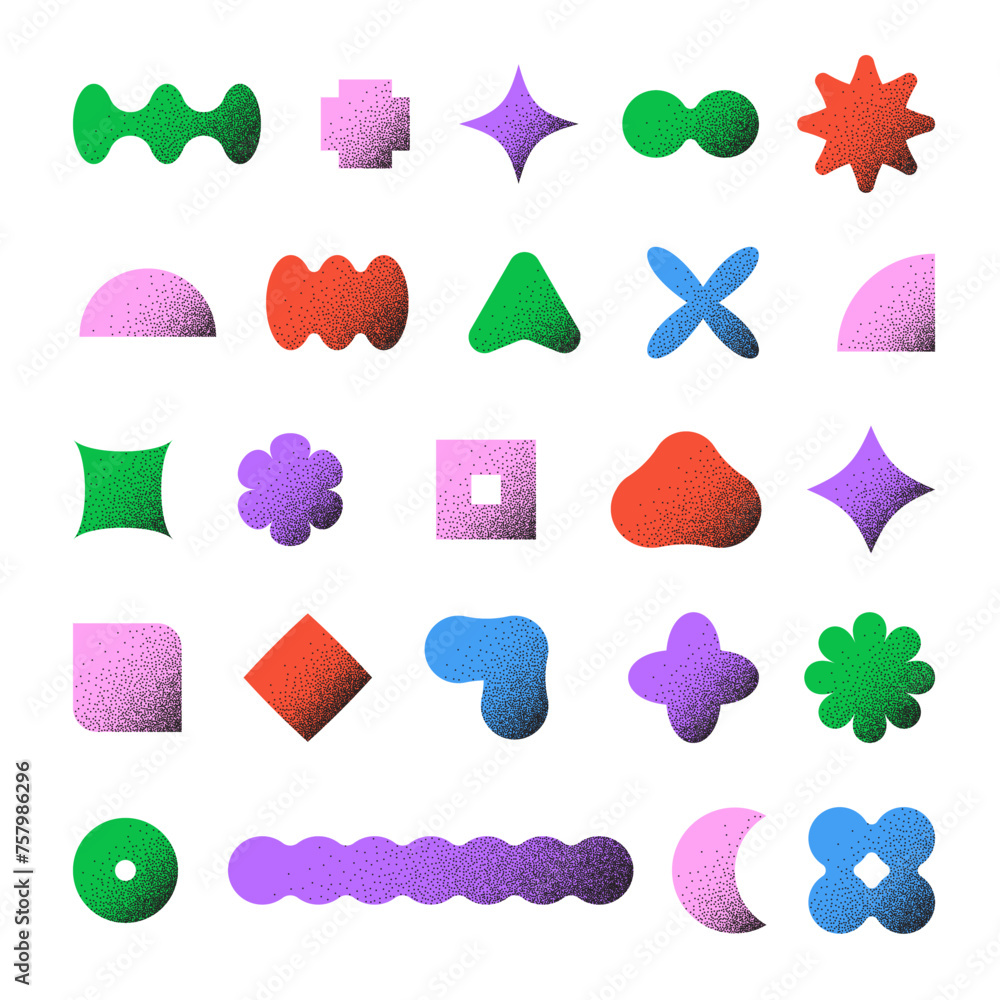 Aufkleber trendy abstract geometric shapes set. textured brutalist forms with halftone dots. colorful vector g