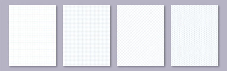 Notebook paper collection. Letter format sheets with blue grid - obrazy, fototapety, plakaty