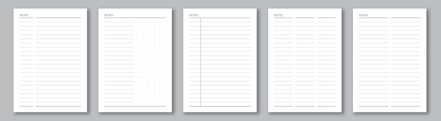 Notebook paper collection. A4 format sheets with lines and dots. Notes template - obrazy, fototapety, plakaty