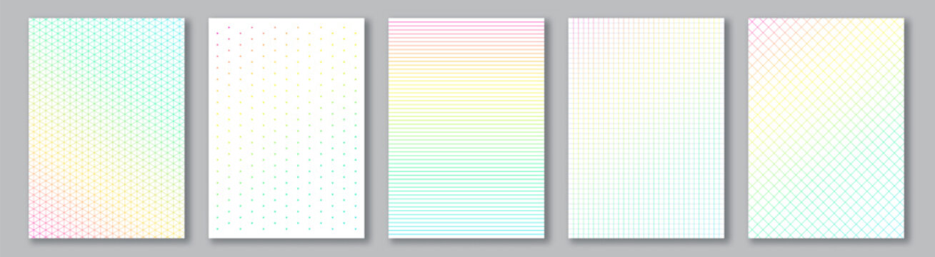 Notebook paper collection. A4 format sheets of rainbow square, lined and dotted paper