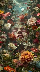 Naklejka na ściany i meble Human face emerges amidst a diverse array of vibrant flowers in an intimate portrayal of nature's beauty
