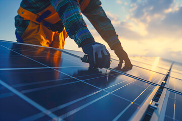 A close-up of a determined worker carefully installing solar cell panel on roof