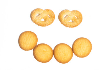 Group of assorted of danish butter cookies top view face photo concept isolated on white background clipping path