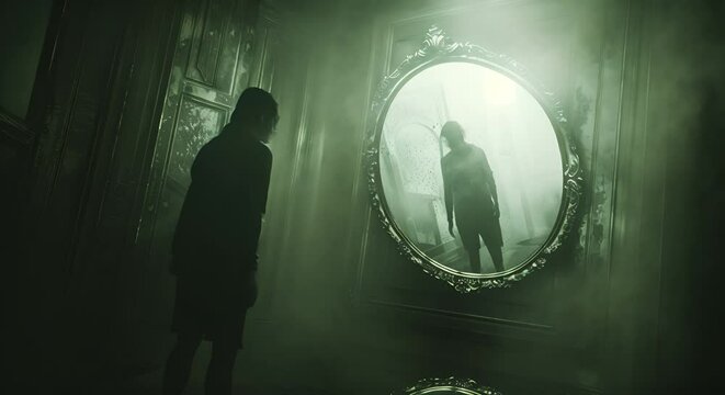 An old, cursed mirror that shows not your reflection but a spectral figure standing behind you