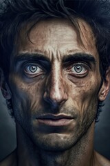 Fototapeta premium Portrait of a serious man looking towards camera. Ai generative