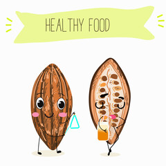 Cute  cartoon Cocoa Beans,  chocolate characters with different activities. Flat vector illustration, funny fruits, funny beans. Cartoon style smiling mascot for kids menu decoration.