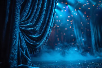A close view of a theater curtain with dramatic blue lighting sets a mood of anticipation - obrazy, fototapety, plakaty