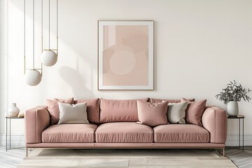 Contemporary living room interior featuring a stylish sofa, cozy armchair, elegant lamp, and chic decor