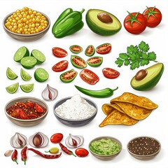Assorted Mexican Food With Beans, Tomatoes, Avocado, and Corn