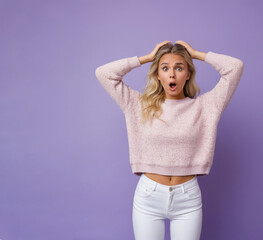 A woman with blonde hair is wearing a pink sweater and white pants. She is looking up and she is surprised