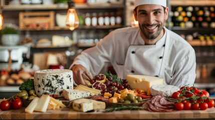Obraz premium Professional chef proudly presenting an exquisite cheese platter in a gourmet kitchen