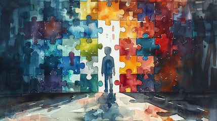 World autism awareness day card or banner, autistic kid  in a room full of colorful puzzle wall , autism:Advocating for Inclusion and Support - obrazy, fototapety, plakaty