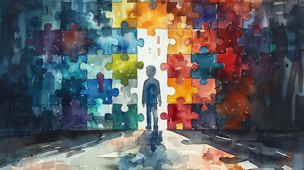 Fotobehang World autism awareness day card or banner, autistic kid  in a room full of colorful puzzle wall , autism:Advocating for Inclusion and Support © Mahnoor