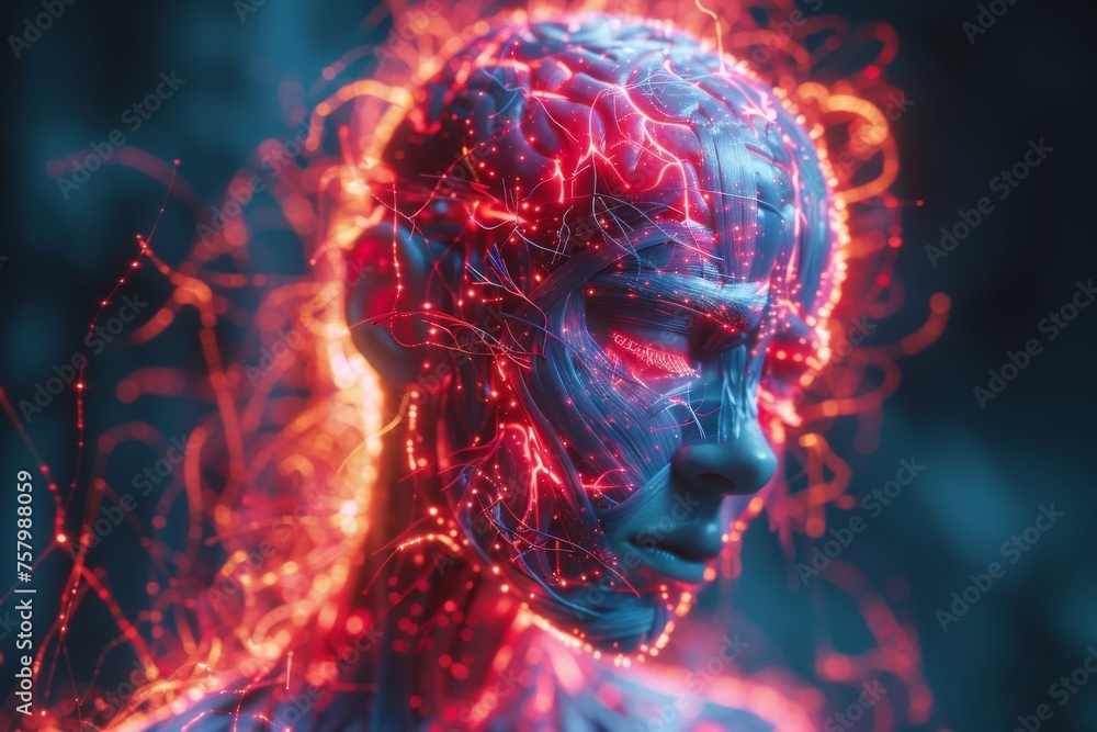 Poster a visual representation of a brain made of glowing neural networks, symbolizing intelligence and con