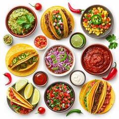 Assorted Tacos and Salsas on a White Background