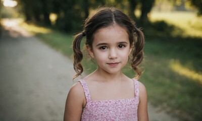 A young girl is standing in a park wearing a pink dress. She is looking at the camera with a serious expression