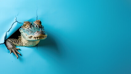 A provocatively open-mouthed alligator head emerges from a blue cracked background, suggesting danger - obrazy, fototapety, plakaty