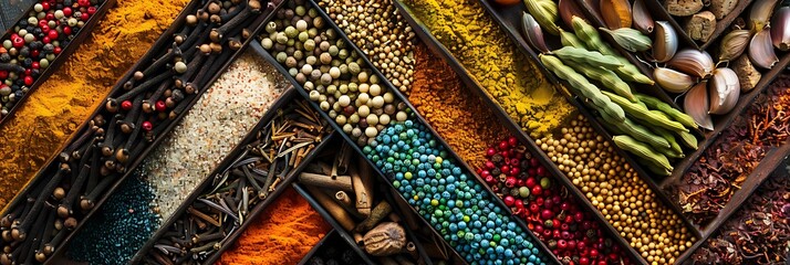 A macro shot of colorful spices and roots arranged in geometric patterns on a wooden surface, celebrating the beauty of natural ingredients. 