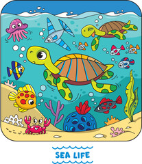 Sea theme. Turtle in the ocean vector illustration - 757988247