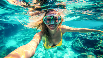Fototapeta premium young smiling woman with diving goggles taking a selfie while snorkeling